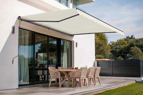 CAZEBOO Toldo Retráctil Manual Vecchio 395 x 300 cm 4 x 3 m 12 m² Beige Aluminio Gris Antracita Protección UV50+ Terraza Jardín Repelente al Agua Lona 320 g/m² Inclinación 30-100° Fácil Apertura