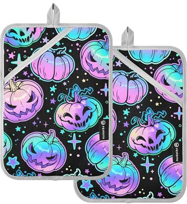 Set di 2 presine resistenti al calore, alla moda, a forma di zucca, al neon, per cottura al forno, con tasche