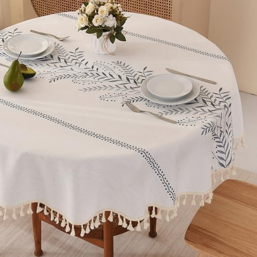SUCHDECO Tischdecke Rund 140 cm Beige Tischdecke Leinen Baumwolle Runde Tischdecken Gartentischdecke mit Gestickte Blätter für Küche, Esstisch, Couchtisch, Gartentisch