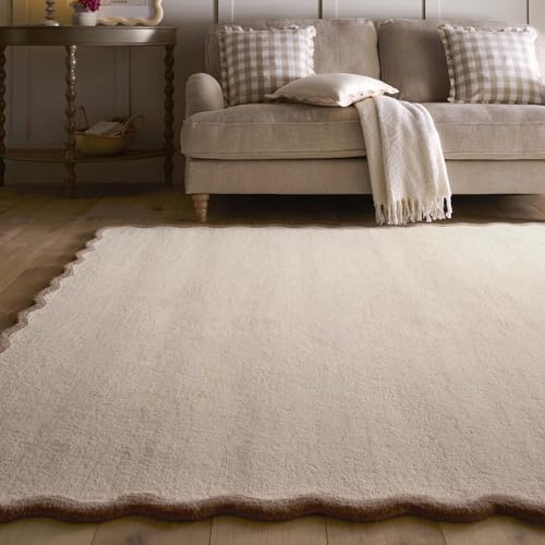 Lord of Rugs Border Scallop Wool Rug for Living Room Bedroom Dining Room Scandi Carpet Hand Tufted Quality Soft Plain with Curved Edges Rug Natural Brown, 160 x 230 cm (Rectangular)