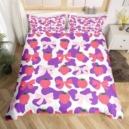 Homewish Funda de edredón con lazo rosa y rojo, funda de edredón con estampado de vaca lechera blanca y morada para niños, niñas y adolescentes, juego de cama de fresa kawaii, juego de ropa de cama
