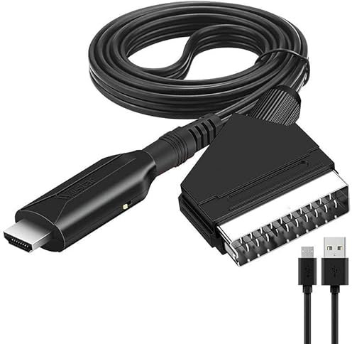 teasteam SCART to HDMI Converter 1M with 720P/1080P Switch SCART Input to HDMI Output Lead with 50cm USB Cable Adapter Connect for DVD Player to TV VHS Xbox PS3 Sky Projector and Monitor