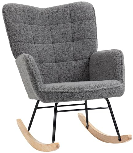 HOMCOM Mecedora de Borreguito Silla Mecedora con Patas de Madera de Haya y Marco de Acero Carga 120 kg para Dormitorio Salón Gris Oscuro