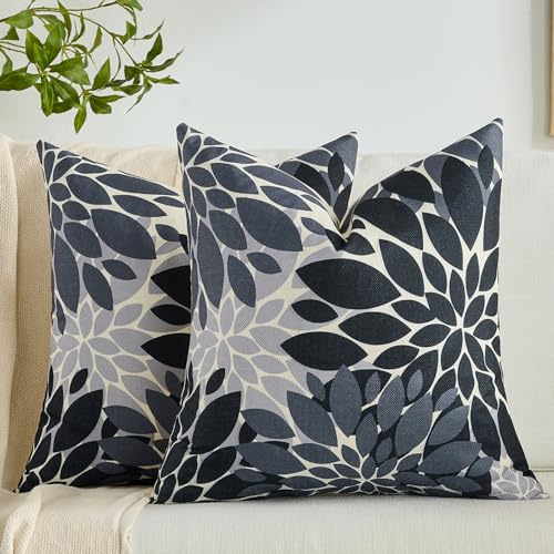Kissenbezug Schwarz und Grau Sofakissen Herbst 45x45 cm Abstrakte Dahlie Blumen Leinen Kissenhülle Zierkissen für Wohnzimmer Schlafzimmer Sofa Garten, 2er Set