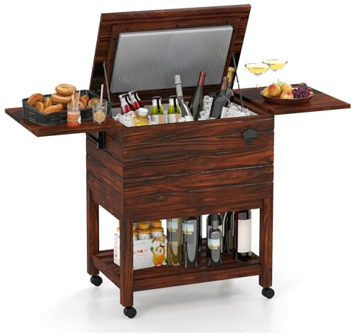 COSTWAY Rolling Wooden Cooler Cart on Wheels, 51L Large-Capacity Ice Chest Beverage Bar Cart with 2 Drop Leaf Tables and Bottle Opener, Portable Mobile Outdoor Ice Bucket Trolley