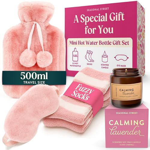 Mothers Day Hamper with Pink 0.5L Hot Water Bottle, Socks, Candle, Sleep Mask & Best Wishes Card, Mothers Day Gifts for Mum