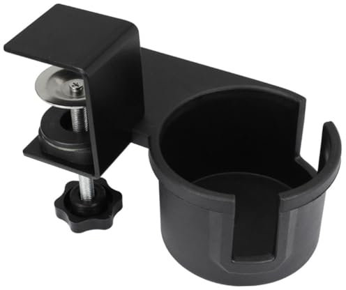 LAPYAPPE Portavasos de Escritorio Clip Ajustable Negro para Tazas y Botellas, Soporte Lateral para Mesas 4.4cm de Grosor, Incluye Base Antideslizante