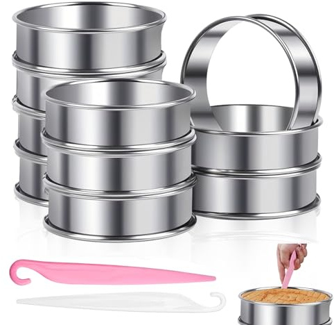 10 cercles à pâtisserie 10 cm, cercles à gâteaux argentés démoulage facile à dessert ronds à gâteaux en acier inoxydable à crumpets avec 2 Cutter à gâteau pour la cuisine et la pâtisserie