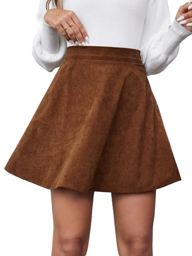SOLY HUX Damen Cordrock Elegant A-Linie Cord Rock Kurz Hohe Taille Minirock Vintage Casualrock Herbst Freizeitrock mit Reißverschluss Braun S