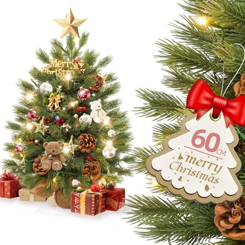 Kidsgigglz 60cm Mini künstlicher Weihnachtsbaum LED mit Beleuchtung, Kleiner Tannenbaum aus PE, Tisch Weihnachtsdeko, rote Beeren & Kiefernzapfen, Lichtern, Holzsockel mit Jute, Festliche Advent