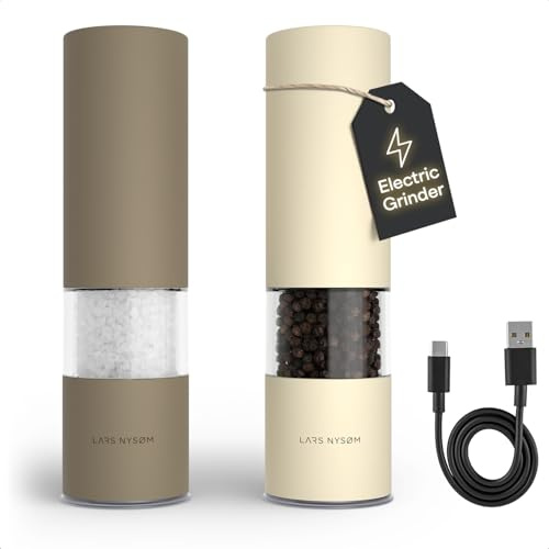 LARS NYSØM Moulin à Sel et Poivre Électrique | Moulins Automatiques en Acier Inoxydable avec Broyeur Céramique Réglable | Set de Moulins à Épices Rechargeables USB avec Lumière LED