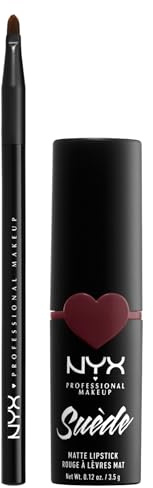 NYX Professional Makeup Rossetto Suede Matte 54 Lalaland Opaco Vellutato Texture Cremosa Labbra Morbide Lunga Durata + Pennello Labbra Pro Brush Lip con Punta Sottile - Set da 2