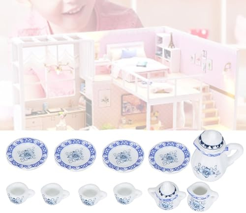 SPYMINNPOO Juego de té en Miniatura de Porcelana de 15 Piezas con Bonito Diseño Vintage para Decorar la Cocina de Casa de Muñecas (Color Porcelana Azul Blanco)
