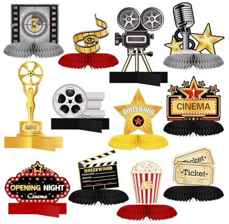 Bubaxuce 12 Pezzi Decorazioni Festa Film Serata Accessori Cinema Nido d'Ape Centro Tavola 3D Microfono Biglietto Stella Video Carta Centro Tavola Insegna Addobbo Tavolo