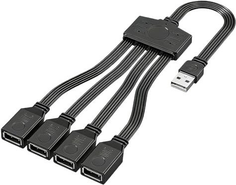 Leloco Splitter USB 1 a 4, cavo USB Y, 1 spina a 4 prese, adattatore USB 2.0, cavo piatto, nessun groviglio per trasmissione di corrente e dati, adatto per Mac, auto, PS4, laptop, ecc