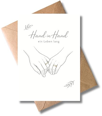 WBdesignz minimalistische Hochzeit Karte mit Umschlag - Hand in Hand ein Leben lang - Schlichte moderne Glückwunschkarte zur Verlobung Trauung - Line Art Design Hände & Ringe - Paare (DIN A6)