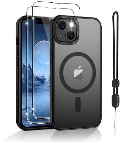 Jshru for iPhone 13 Case,iPhone 14 Phone Case,Slim Magnetic Shockproof | Compatible with Magsafe,with Anti-Loss Hands-Free Lanyard and HD Screen Protectors,Translucent Protective Phone Cover