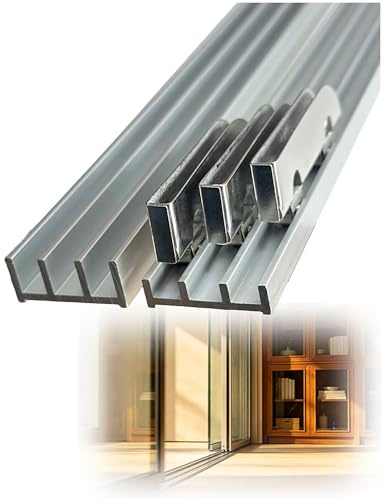 JNTFNE Kit per Porte scorrevoli a Triplo Binario in Alluminio per impieghi gravosi, per Vetro/Legno da 3-5 mm, 6 rulli Inclusi, per armadi/Guardaroba (2,4 metri/94,5 Pollici)