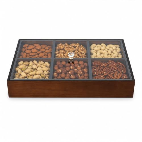 EVERGOODS Wooden Snack Tray with Lid, 6-Compartment Nut and Candy Serving Box, 35×24×5cm Large Capacity Dry Fruit Organizer, Dustproof Transparent Cover Appetizer Platter for Nuts, Candy