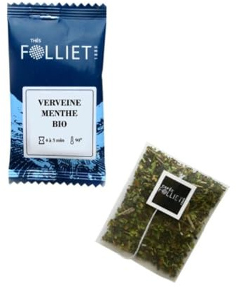 CAFÉS FOLLIET - Infusion Bio - Verveine Menthe - Sans théine & Sans conservateurs - Confort Digestif & Relaxation - Sachets d'origine végétale - 24 Sachets