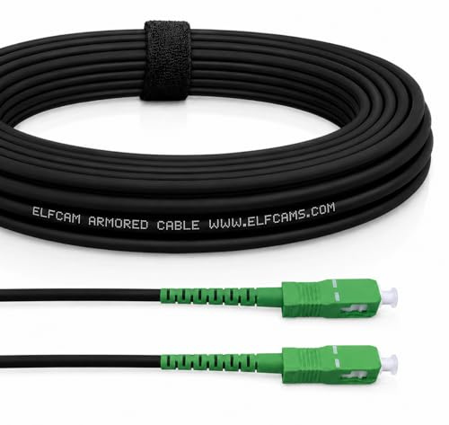 Elfcam® - Câble à Fibre Optique en Acier Blindé, Convient aux Installations Extérieur et Intérieur, Compatible avec Orange SFR Bouygues, SC/APC à SC/APC Monomode Noir, 15M