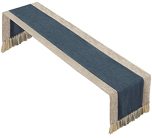 rismart Algodón Lino Camino de Mesa con Borla por Comedora Vestidor Mesa Beige Azul Marino,38_x_240_cm