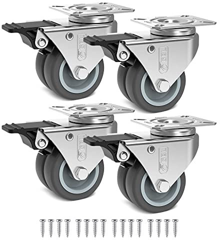 GBL Heavy Duty Swivel Casters with 4 Brakes + Screws - 50mm 280kg in Motion, 600kg Static - 4 Pack No Floor Marks Silent Caster for Furniture - Rubber Coated Trolley Wheels, Silver