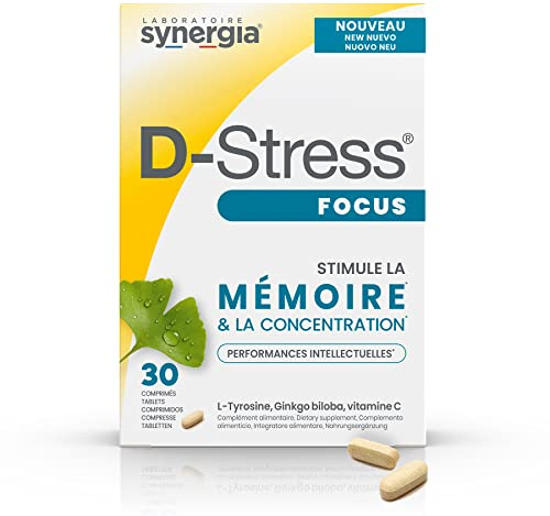 D-STRESS FOCUS 30 comprimés | L-Tyrosine, Ginkgo biloba et Vitamine C | Stimule la mémoire et la concentration | Vegan, Sans Gluten, Sans Soja, Sans OGM | Origine France | Laboratoire SYNERGIA