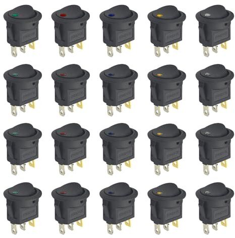 BGTXINGI 20 runde Wippschalter, 3-polig, SPST-An-/Aus-Mini-Boot-Kippschalter, 5 Farben, LED-Wippschalter, DC 12 V, 20 A für Auto, Boot, LKW