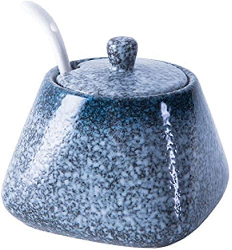 FülleMore Zuckerdose Gewürzdose Zuckerbehälter mit Deckel und löffel Salzdose Gewürzbehälter Vorratsdose 340ml Keramikdose für Gewürze Zucker Pfeffer Salz (Blau)