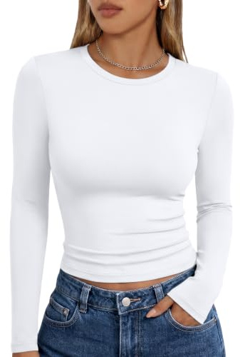 Trendy Queen Womens Long Sleeve T Shirts Fall Fashion 2026 Basic Crop Tops Going Out Workout Outfits Y2k Clothes White S