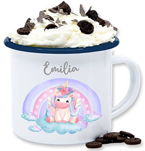 Emaille Tasse Blechtasse - Einhörner - Einhorn Unicorn Süß - 300 ml - Weiß Blau - personalisierte becher kinder unicorns name tassen kindertasse einhörnern regenbogen mug namenstassen
