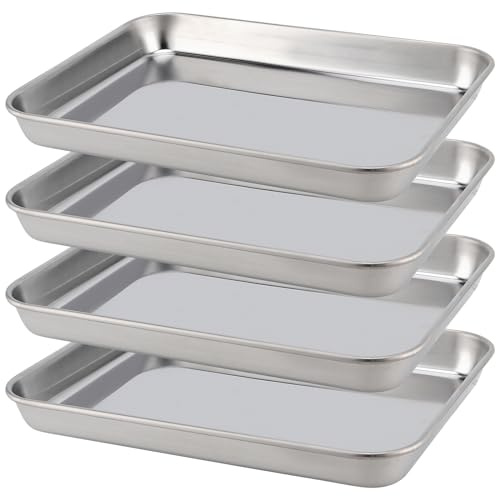 ZOENHOU Set of 4 Stainless Steel Baking Sheet Trays Set, Non Stick Rectangular Catering Cookie Roasting Tray for Oven, Easy Clean 9.2 x 6.8 x 1Inch