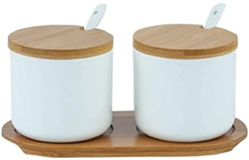 FülleMore 2er Set Zuckerdose Salzdose aus Keramik Gewürzgläser Gewürzbehälter mit Deckel,Löffel und Tablett 260ml Gewürzbox zur Aufbewahrung von Zucker,Salz,Gewürze,Kaffee,Tee (Weiß)