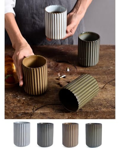 YOKIOU 4 Stück Keramik Brennofen ändern Tee Tasse Vintage gestreiften Tasse personalisierte Wein Tasse kreativ rau Töpferei Kaffee Tasse Geschenk Tassen