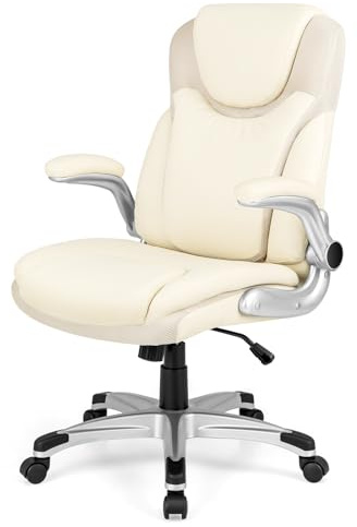 HOMASIS Bürostuhl 360° drehbar, ergonomischer Schreibtischstuhl mit klappbaren Armlehnen, höhenverstellbar Chefsessel aus Kunstleder, Computerstuhl mit Wippfunktion für Büro Arbeitszimmer, Beige