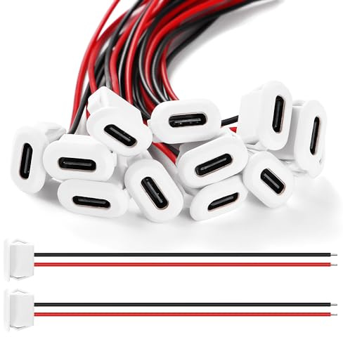 KUOQIY 12 Pièces USB-C Femelle 2 Fils Connecteur de Prise 3A, Avec Boucle à Rainure à Pression, Type-C Souder Avec 100mm 24 AWG, Blanc