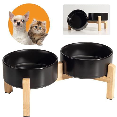 Juego de cuencos elevados de cerámica para perros, cuencos elevados con soporte de bambú antideslizante, platos pequeños para mascotas para alimentos y agua, ideal para gatos y cachorros, 16 onzas, 2