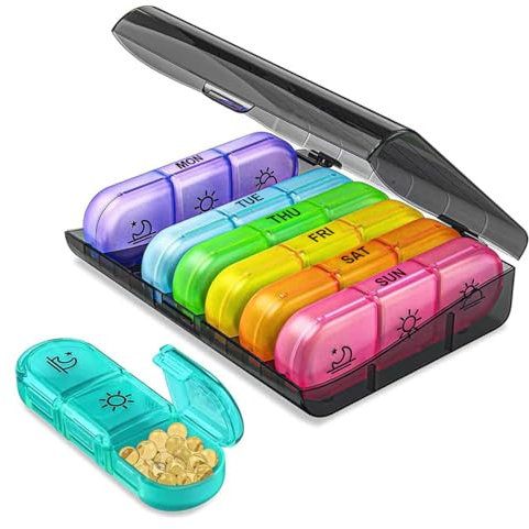 Ruayia Tablettenbox mit 7 Tage morgens abends 2 fächer, Klein Pillendose Große Fächer für Kinder äLtere und HäNde, Pillendose Unterwegs Quadratische Form - Noir + Mehrfarbig