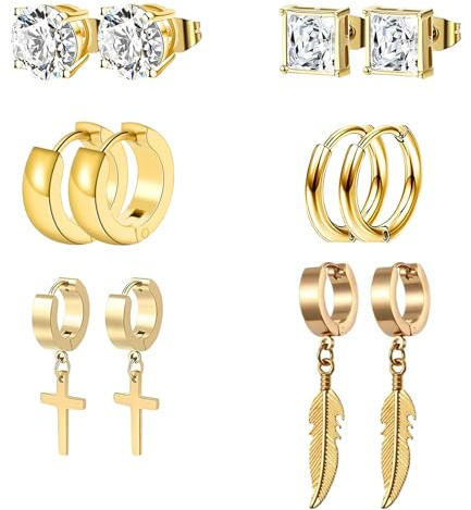HinDaLi 6 Paar Edelstahl Ohrringe für Herren Damen Männer Feder Kreuz | Gold Ohrringe Creolen mit Feder Kreuz Anhänger Diamant Ohrstecker Herren Klein Ohrring Stecker Damen Set
