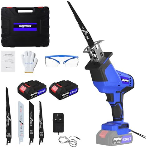 Cordless Reciprocating Saw, Speed 3000SPM，with Clamping Jaw, 2 * 1500 mAh Battery 1-Hour Fast Charge,Safety Gloves& Goggles, 4Pcs of Saw Blades for Wood/Metal