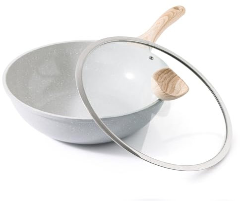 Kordisen Ceramic Wok 30 cm, Wok à induction avec Couvercle, Anti-adhésif Revêtement, Compatible avec tous les poêles, Sans PFOA et PFAS