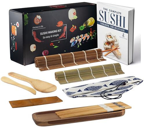Sushi Making Kit, 12 Pieces - Bamboo Rolling Mat, Serving Set, 2 Mats, 5 Pairs Chopsticks with Bag, Paddle, Spreader, Platter, Triplet Sauce Dish with eBook