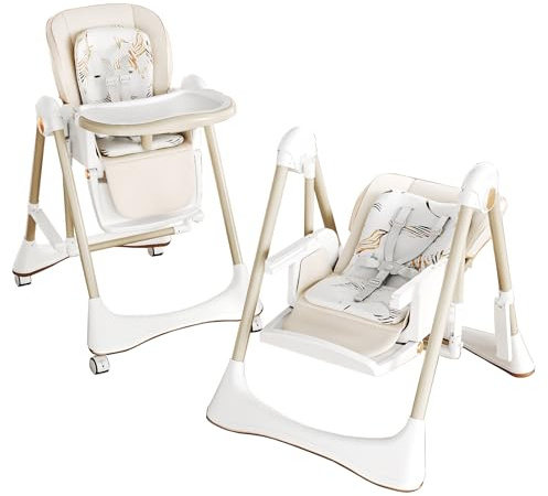 Reenborn PU-Leder Kinderhochstuhl, Schaukel & Babyfütterungs Doppelmodus, Zusammenklappbar und Umbaubar Kleinkinderhochstuhl mit Einstellmöglichkeiten, Abnehmbarem Doppeltablett, Rädern (8121 White)
