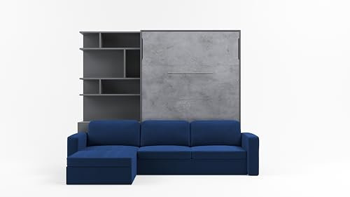 MAXIMAHOUSE Schrankbett Vertikal Invento NOVA 140V (140x200) mit Couch Ecksofa, und Bücherregal, Lattenrost aus Holz, Wandbett Klappbett, Bett im Schrank (Grau/Beton+Blau)