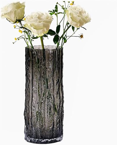 9.8 Inch Black Glass Vase, Glacier Glass Flower Vase, Boho Cylinder Ribbed for Centerpiece, Living Room, Kitchen, Bookshelf, Dinner Table