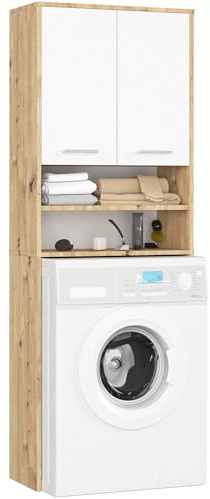 AKORD Waschmaschinenumbauschrank FIN 64 cm | mit 2 Türen | Hängender Waschmaschinenschrank | überbauschrank | Umbauschrank | B64 x H180 x T30 cm | Gewicht 29,50 kg | Artisan-Eiche | Weiß