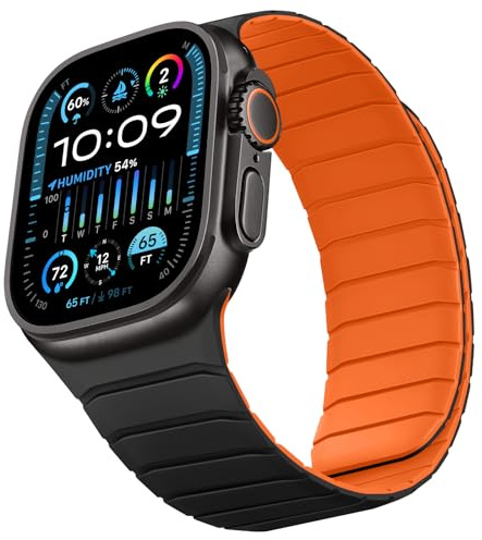 Sixmoat Double Sided Reversible Strap Compatible with Apple Watch 49mm 46mm 45mm 44mm 42mm, Magnetic WristBand Soft Silicone Bands for iWatch Ultra 3 2 1 SE Series 11 10 9 8 7 6 5 4 3, Black-Orange