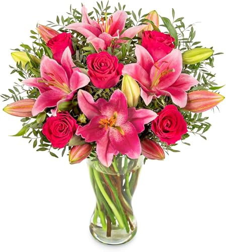 Flowers with Vase - Beautifully Crafted Fresh Rose and Lily Bouquet: Delivered for Birthdays & All Occasions!