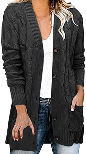 Cardigan all'uncinetto da donna, leggero maglione a maglia lunga, aperto sul davanti, a maniche lunghe, con tasche, Grigio scuro, XXL